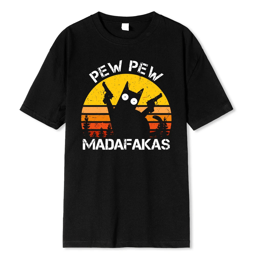 Camisetas de algodón de verano para hombre con estampado de gato con dos pistolas de Pew Pew Madafakas, ropa holgada y transpirable, camisetas de estilo hip hop para la calle