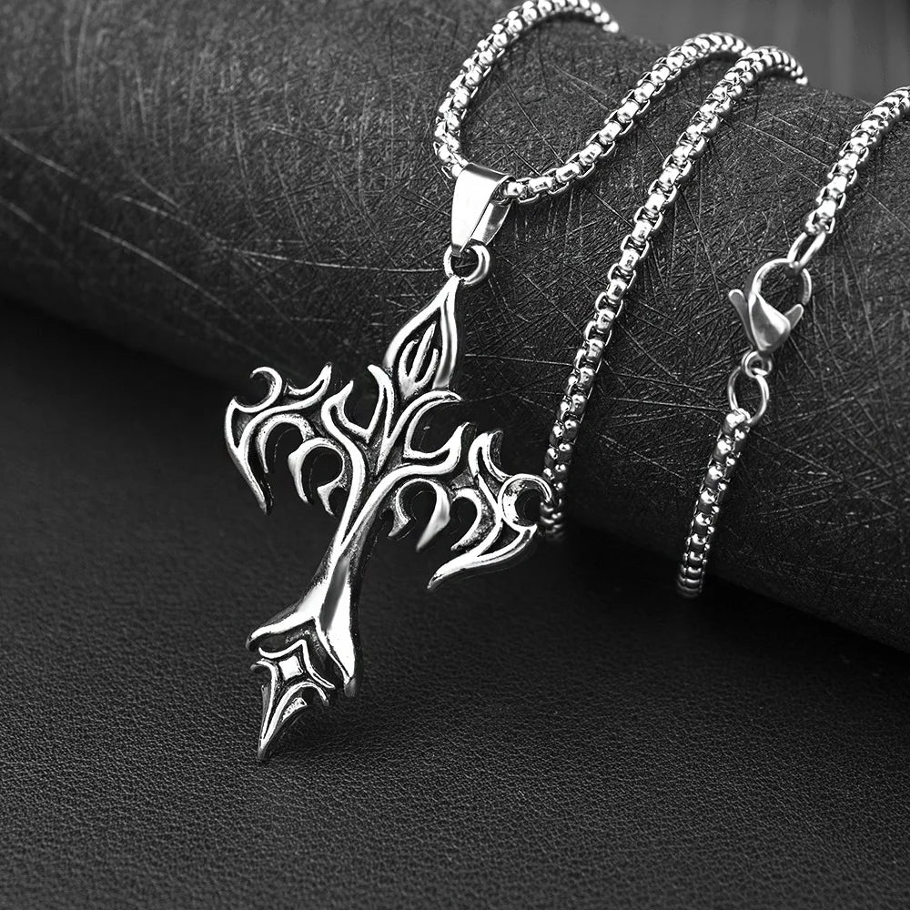 Hip Hop Fashion Jewelry Unique Design Stainless Steel Flame Cross Pendant Necklace Goth Necklaces Gift for Women Men