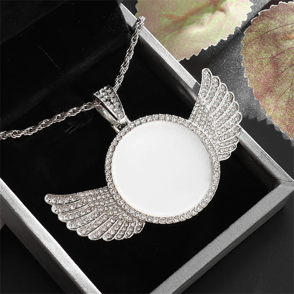 Htpwe Angel Wings Mirror Photo Memorial Pendant Inlaid with Ice Crystal Zirconia Necklace Couple Trendy Jewelry Birthday Gift