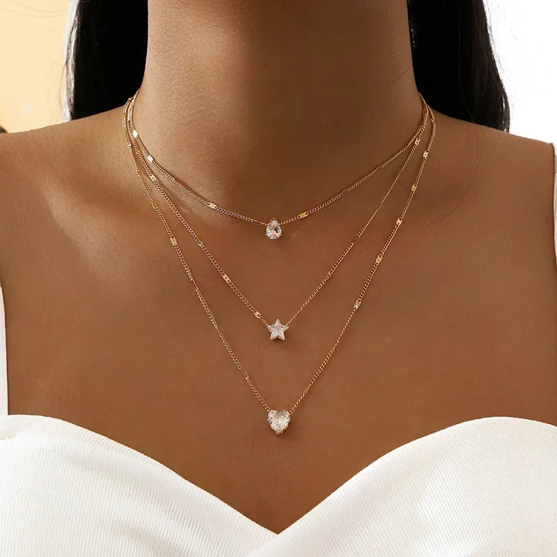 3Pcs/Set Vintage Shiny Rhinestone Love Heart Pendant Necklace for Women Simple Multilayer Thin Chain Choker Bridal Neck Jewelry