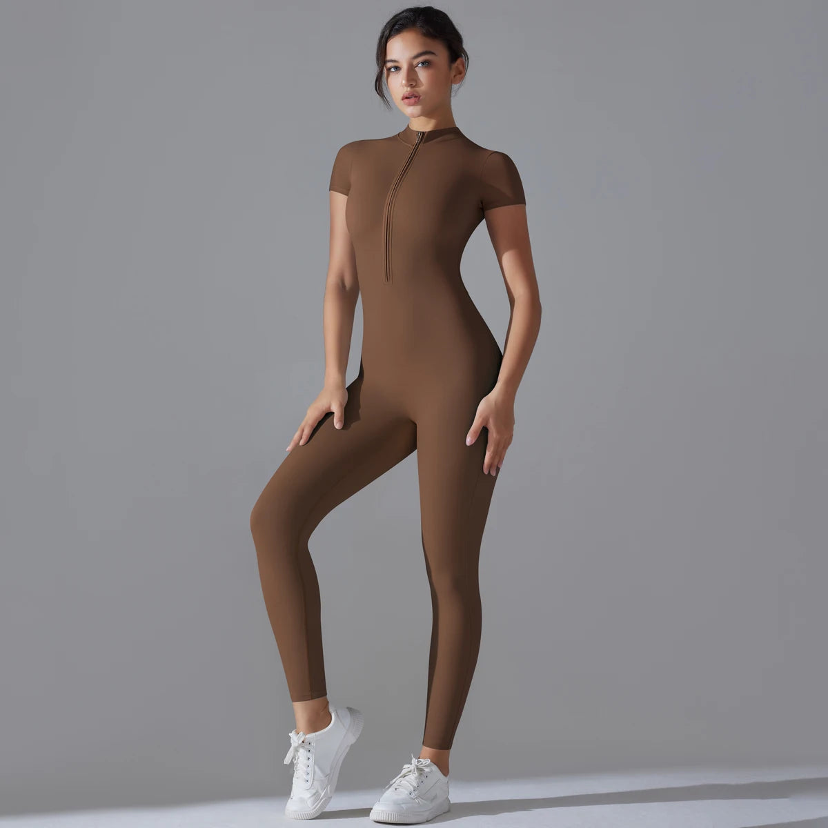 Conjunto de yoga para mujer, mono de una pieza con cremallera, manga corta, ropa de entrenamiento para gimnasio, traje de fitness, chándal deportivo