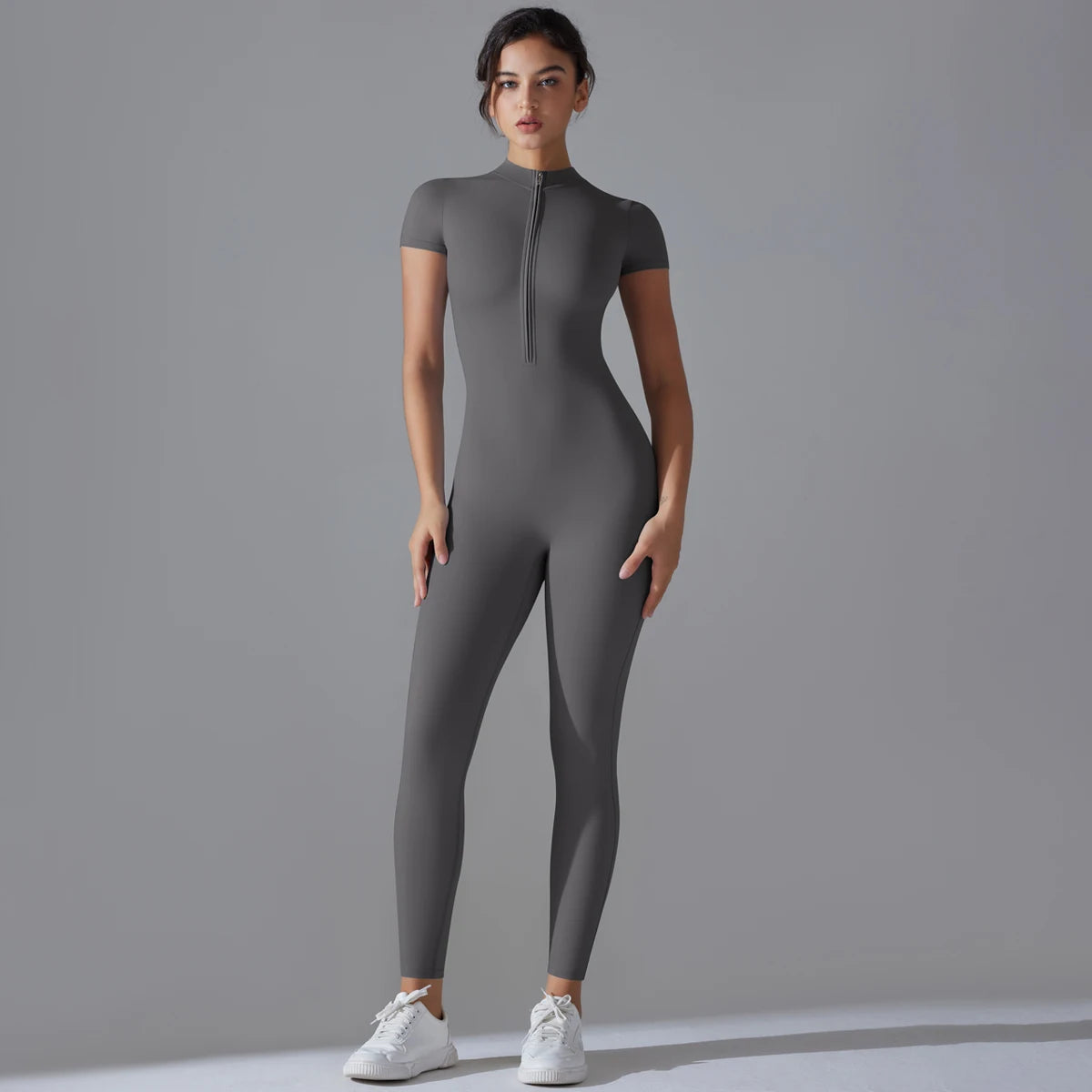 Conjunto de yoga para mujer, mono de una pieza con cremallera, manga corta, ropa de entrenamiento para gimnasio, traje de fitness, chándal deportivo