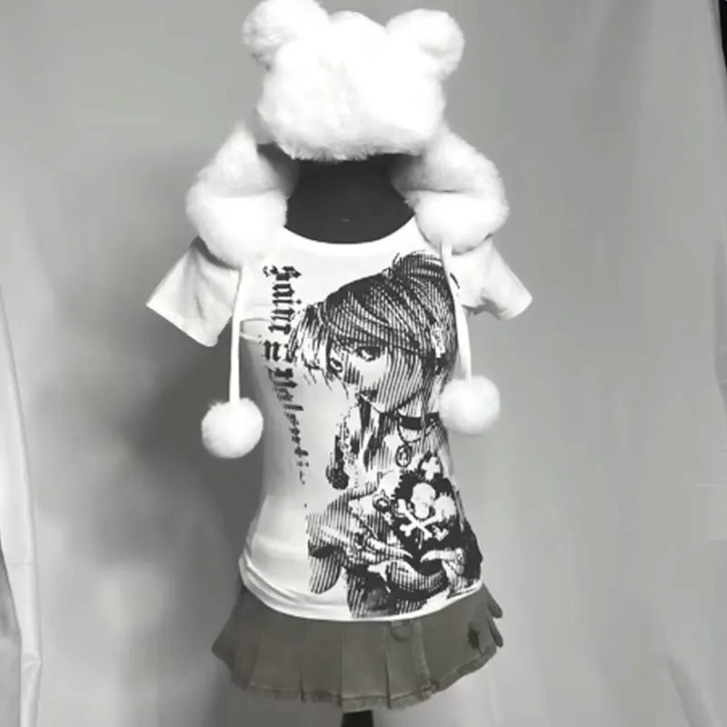 Y2k anime Streetwear-Camiseta con cuello redondo y estampado de texto de los años 90 para mujer, ropa Harajuku, camiseta corta vintage sencilla, camiseta informal estética emo