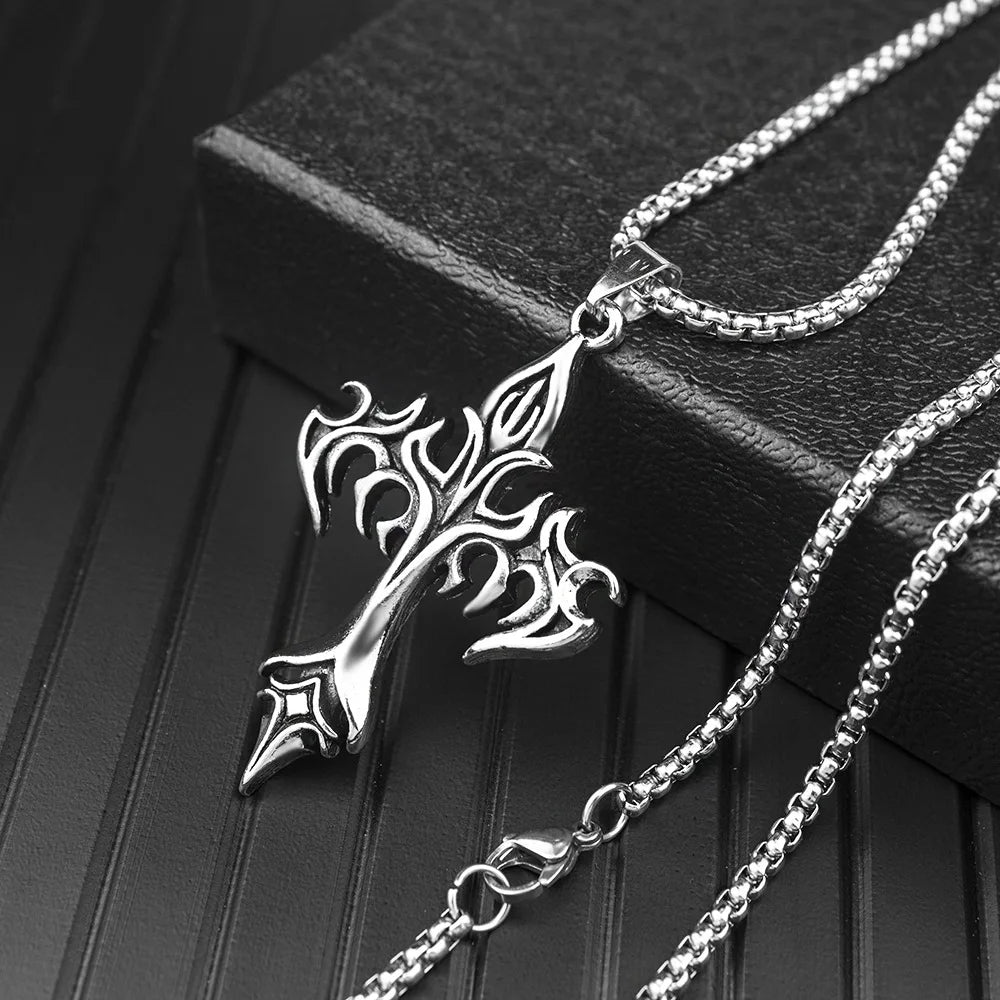 Hip Hop Fashion Jewelry Unique Design Stainless Steel Flame Cross Pendant Necklace Goth Necklaces Gift for Women Men