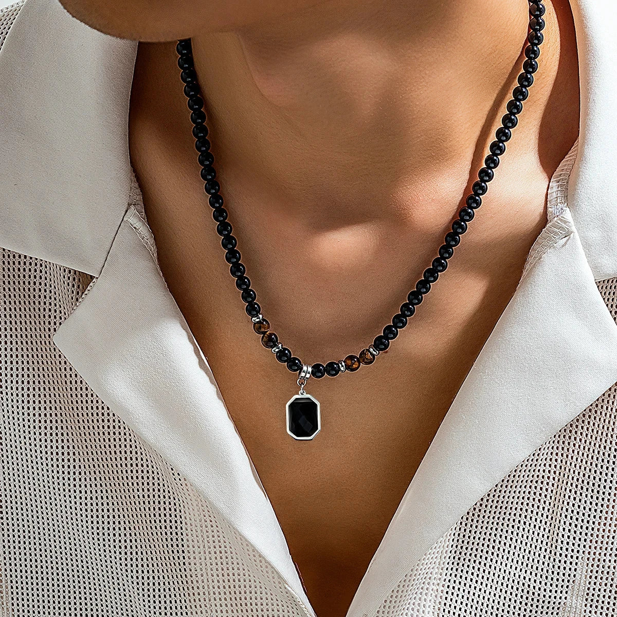 Black Beads with Square Pendant Necklace for Men Trendy Accessories on the Neck Collar 2023 Fashion Jewelry Male Gift Decoration