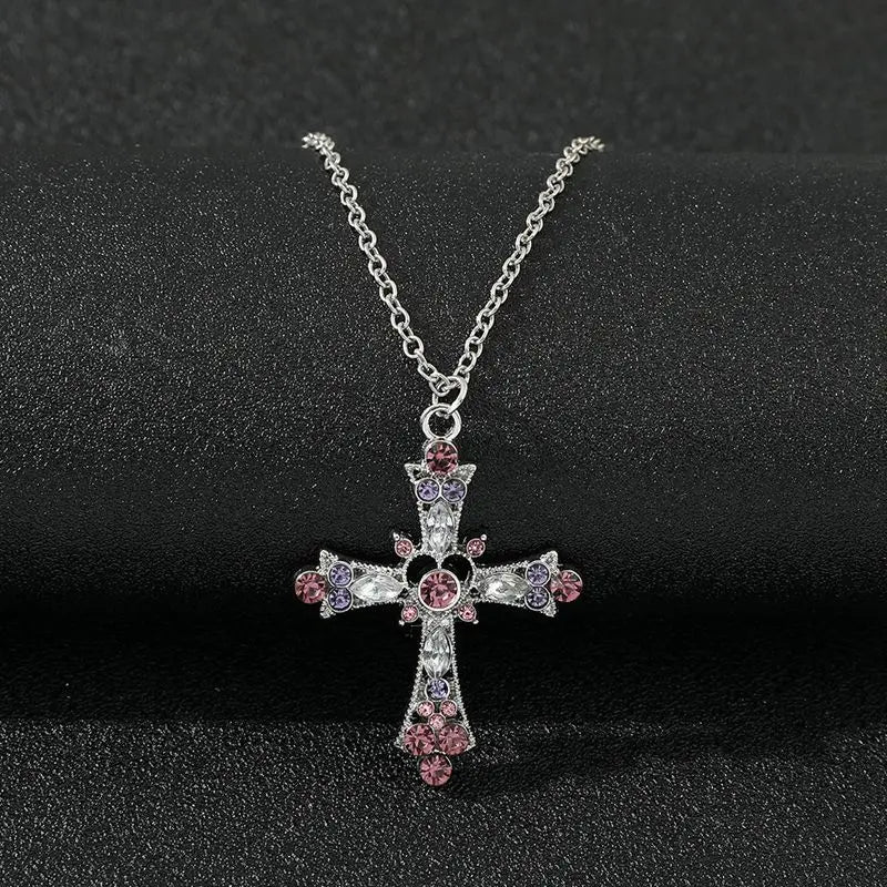 Y2K Punk Crystal Big Cross Pendant Necklaces for Women Men Gothic Irregular Cross Clavicle Chain Necklaces Aesthetic Jewelry