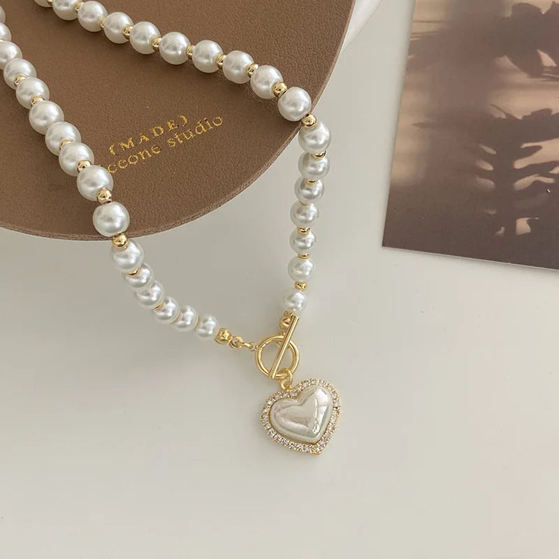 Heart Rhinestones Letter Magnet Crystal Natural Stone Colorful Dripping Imitation Pearl T-buckle Necklaces for Women New Jewelry