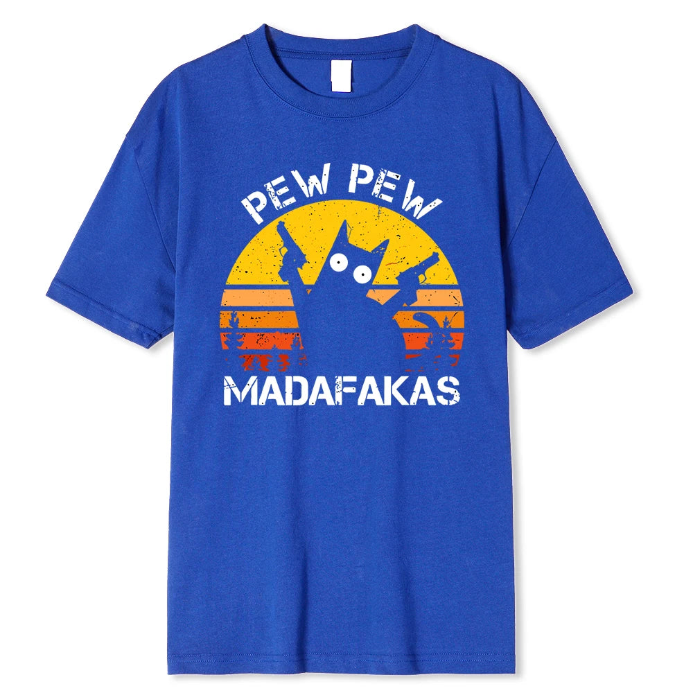 Camisetas de algodón de verano para hombre con estampado de gato con dos pistolas de Pew Pew Madafakas, ropa holgada y transpirable, camisetas de estilo hip hop para la calle