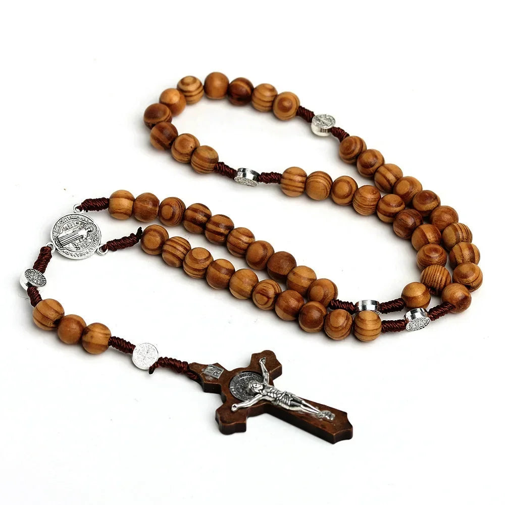 Catholic Wood Beaded Rosary Necklaces For Women Christian INRI Crucifix Cross Pendant Long Chain Men Religion Prayer Jewelry