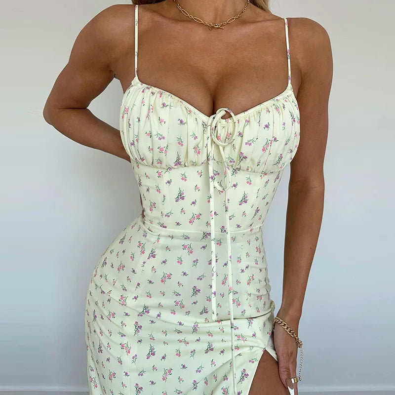 Vestido largo ajustado elegante con estampado floral para mujer, ropa de calle para vacaciones en la playa, verano 2024, artículos al por mayor para negocios