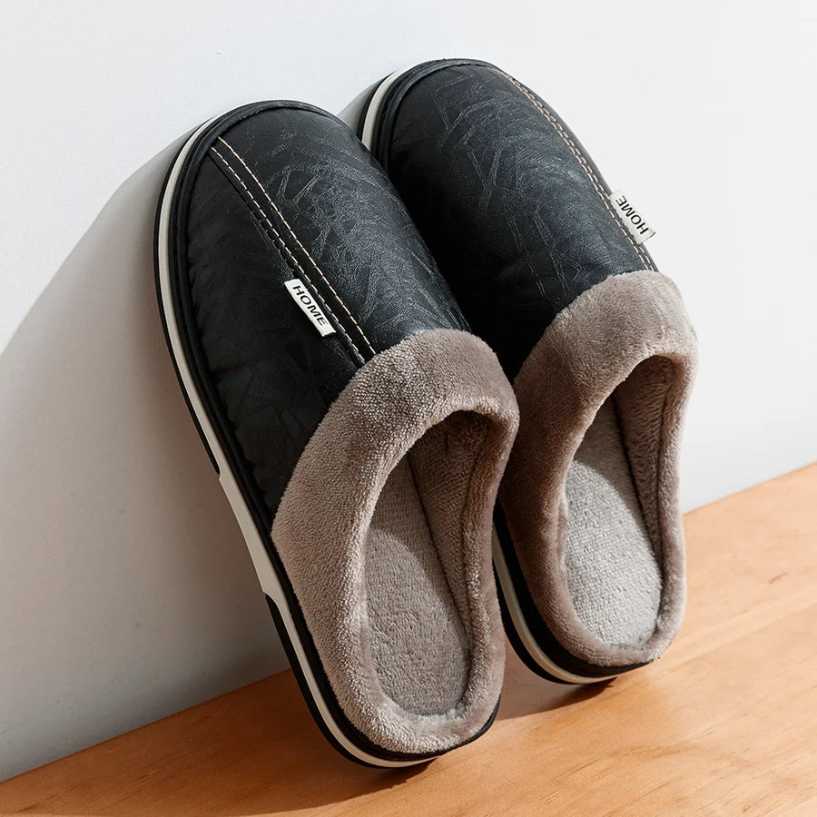 Big Size Winter Casual Men's Slippers Indoor Waterproof PU Leather Home Shoes Fur Flat Warm Fashion Bedroom Houseshoes