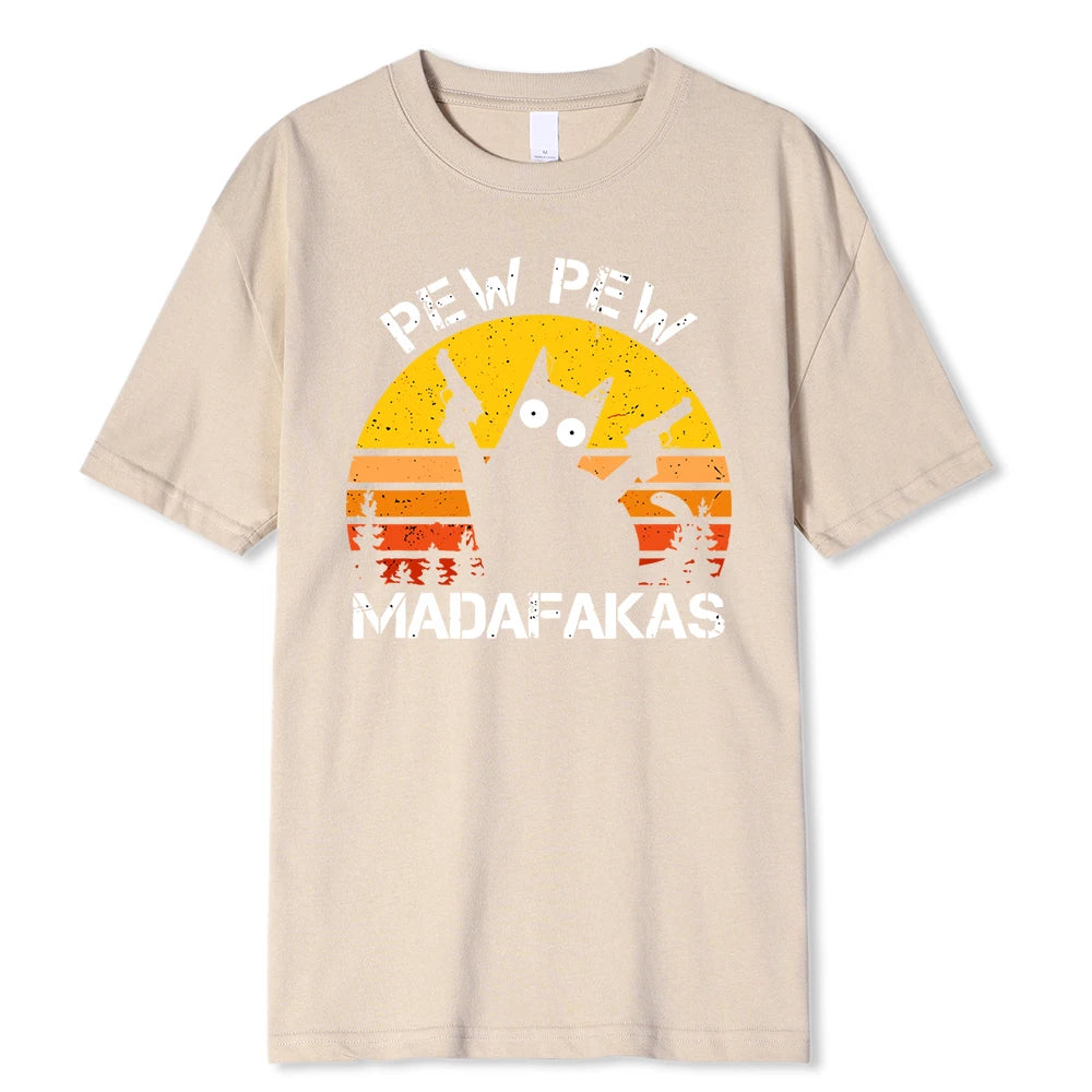 Camisetas de algodón de verano para hombre con estampado de gato con dos pistolas de Pew Pew Madafakas, ropa holgada y transpirable, camisetas de estilo hip hop para la calle