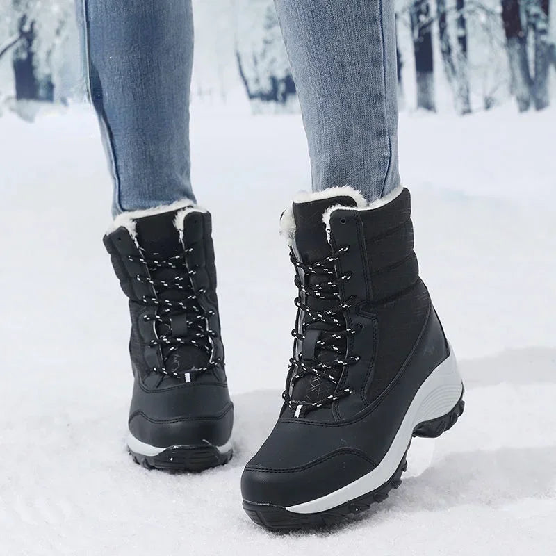 Botas de nieve para mujer, botas de plataforma, zapatos de invierno antideslizantes para mujer, botines cálidos de piel para mujer, botas altas hasta el muslo impermeables con cuña