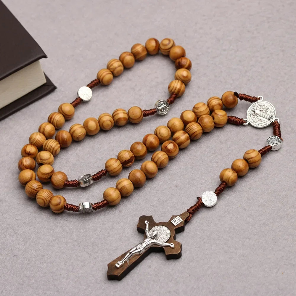 Catholic Wood Beaded Rosary Necklaces For Women Christian INRI Crucifix Cross Pendant Long Chain Men Religion Prayer Jewelry