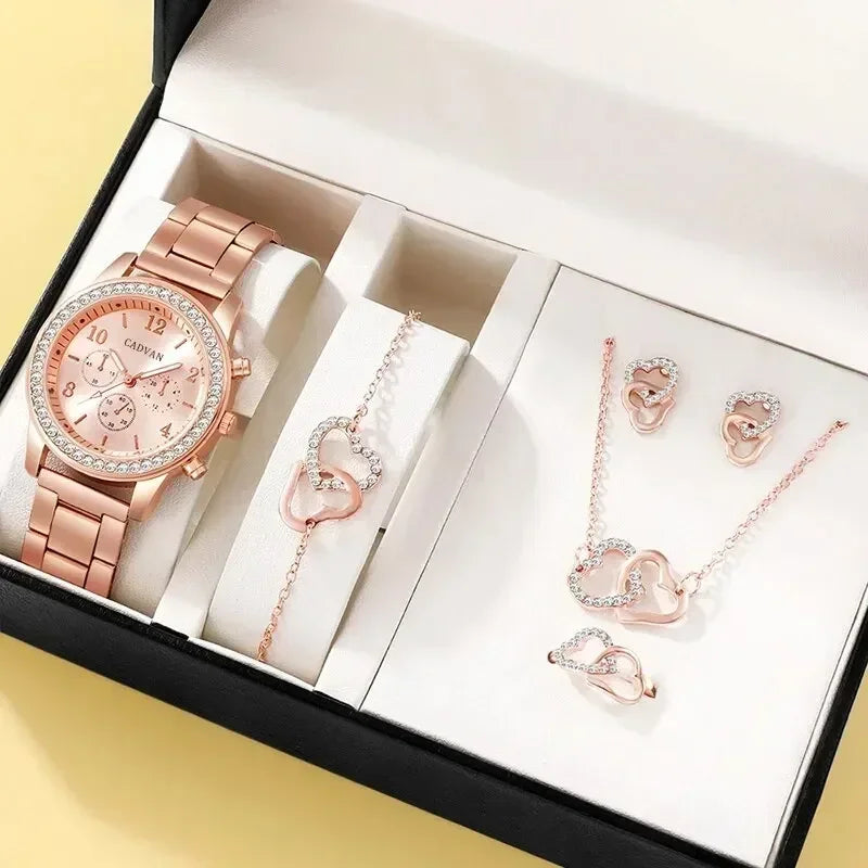 Juego de 6 piezas de relojes de lujo de oro rosa para mujer, anillos, collares, pendientes, diamantes de imitación, relojes de pulsera casuales para mujer