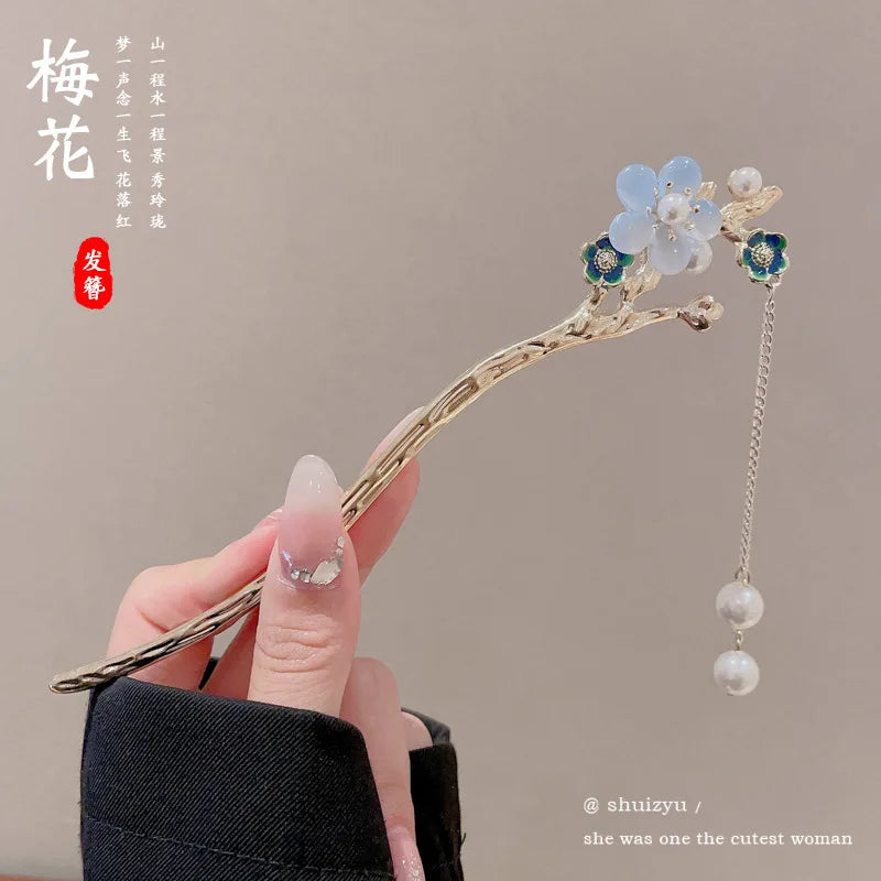 Elegant Chinese Style Hair Accessory Romantic Enameled Flower Tassel Hair Clip Alloy Jewelry Hairpin For Women Fashion Hairpin