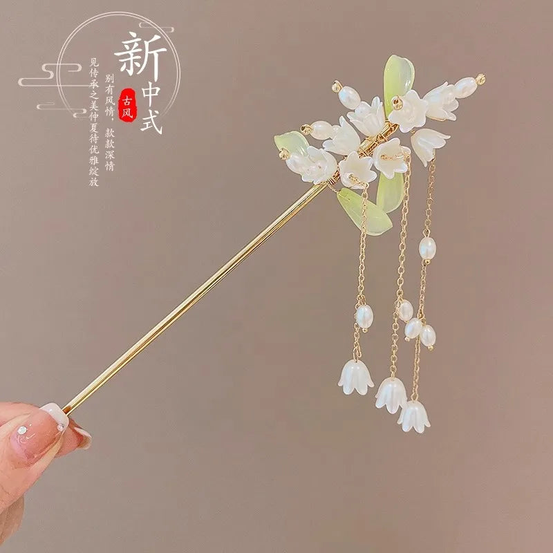 Elegant Chinese Style Hair Accessory Romantic Enameled Flower Tassel Hair Clip Alloy Jewelry Hairpin For Women Fashion Hairpin