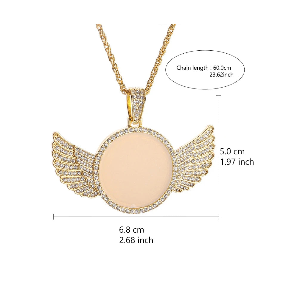 Htpwe Angel Wings Mirror Photo Memorial Pendant Inlaid with Ice Crystal Zirconia Necklace Couple Trendy Jewelry Birthday Gift