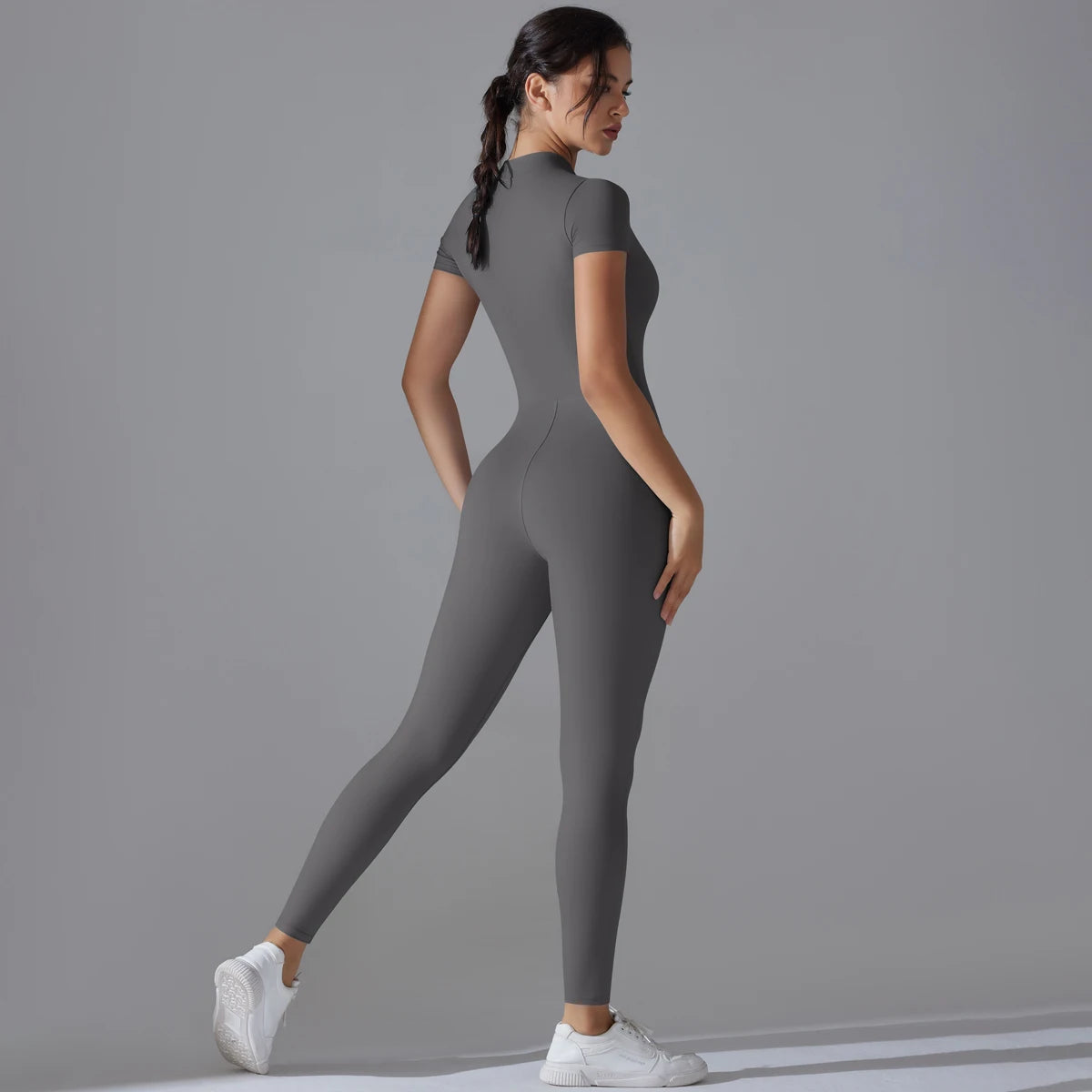 Conjunto de yoga para mujer, mono de una pieza con cremallera, manga corta, ropa de entrenamiento para gimnasio, traje de fitness, chándal deportivo