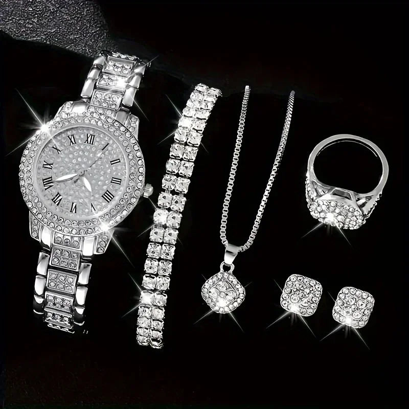 Glamoroso juego de 6 relojes de cuarzo con diamantes de imitación de lujo para mujer con números romanos: elegante juego de joyas de muñeca analógicas, perfecto