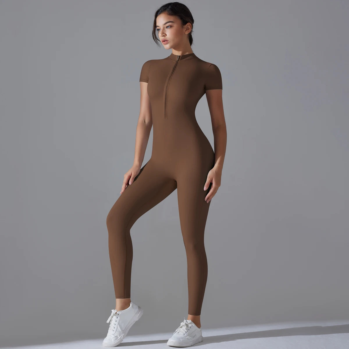 Conjunto de yoga para mujer, mono de una pieza con cremallera, manga corta, ropa de entrenamiento para gimnasio, traje de fitness, chándal deportivo