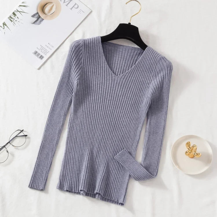 Suéteres de otoño e invierno para mujer, suéteres casuales de manga larga de punto con cuello en V, suéter básico para mujer, camisetas de jersey lisas, ropa de moda