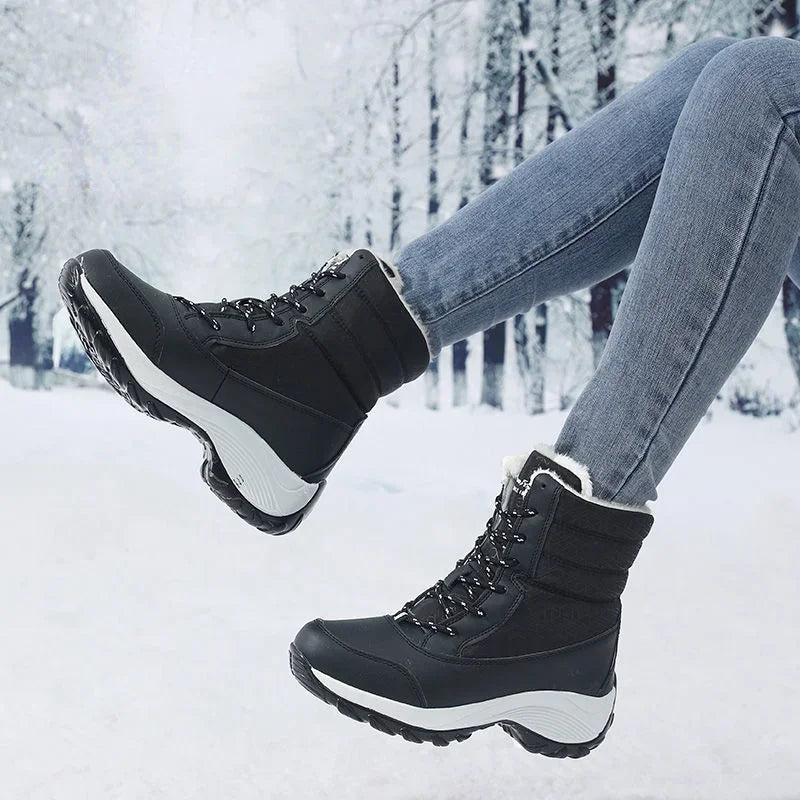 Botas de nieve para mujer, botas de plataforma, zapatos de invierno antideslizantes para mujer, botines cálidos de piel para mujer, botas altas hasta el muslo impermeables con cuña