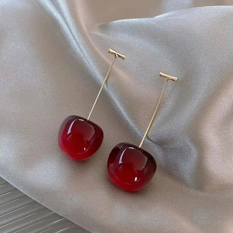 Hermosos pendientes de cereza roja dulce para mujer, delicados pendientes colgantes con diseño de fruta, joyería coreana para fiesta de boda