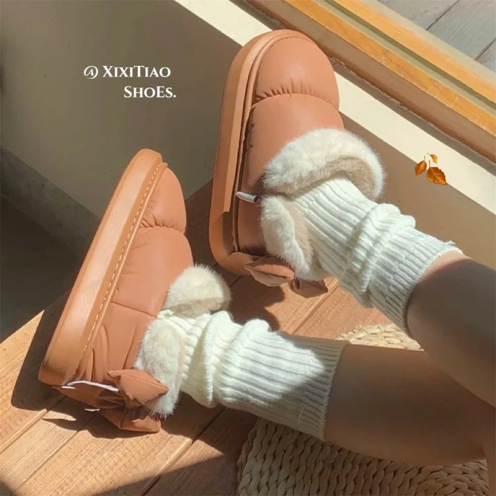 Cute Warm Ankle Boots Winter Women's Bow Warmth Plush Bow Cotton Shoes 2024 New Waterproof Down Cloth Short Barrel Snow Boots