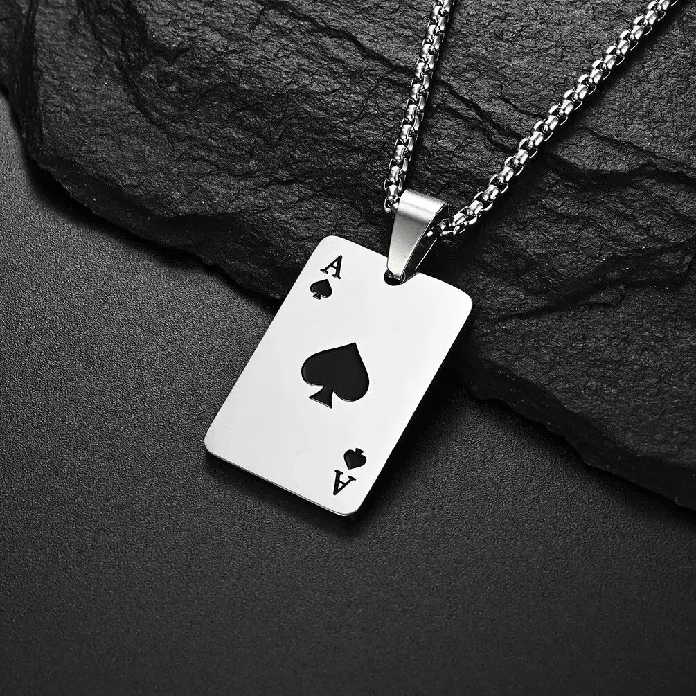 Men Statement Lucky Ace of Spades Pendant Necklace Red Heart Poker Ace Stainless Steel Long Chain Power Luck Triumph Jewelry