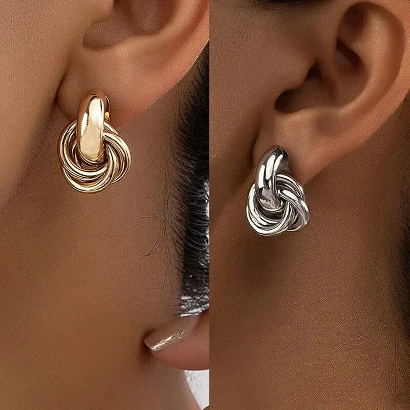 Pendientes de botón de metal con doble anillo redondo a la moda para mujeres y hombres, pendientes de botón retro geométricos dorados y plateados, joyería de uso diario para fiestas