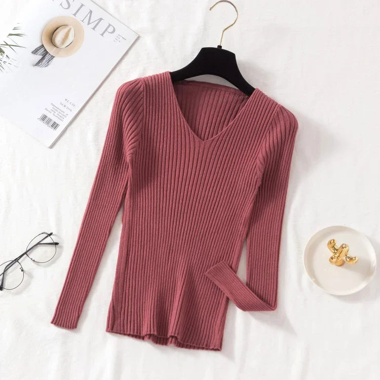 Suéteres de otoño e invierno para mujer, suéteres casuales de manga larga de punto con cuello en V, suéter básico para mujer, camisetas de jersey lisas, ropa de moda