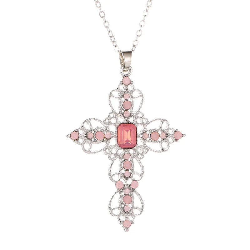 Y2K Punk Crystal Big Cross Pendant Necklaces for Women Men Gothic Irregular Cross Clavicle Chain Necklaces Aesthetic Jewelry