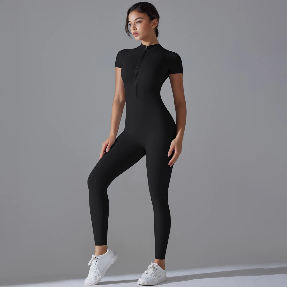 Conjunto de yoga para mujer, mono de una pieza con cremallera, manga corta, ropa de entrenamiento para gimnasio, traje de fitness, chándal deportivo