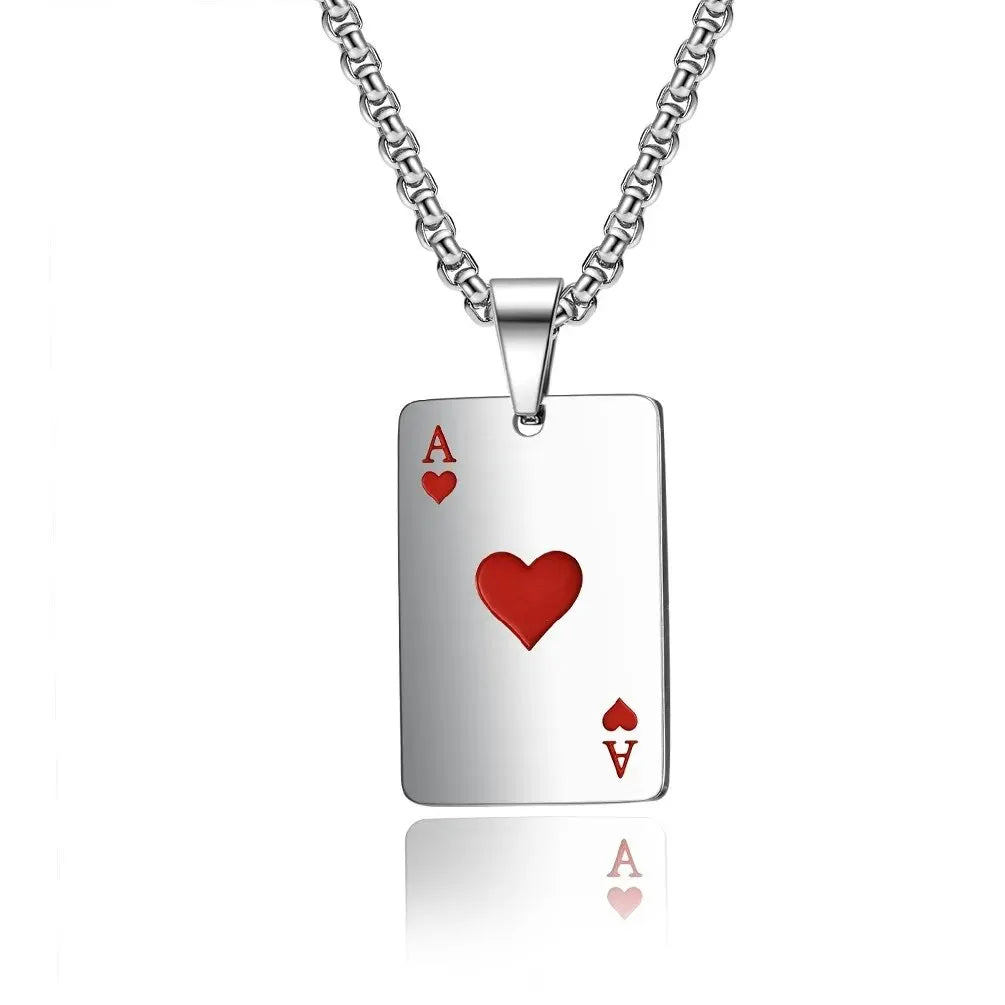 Men Statement Lucky Ace of Spades Pendant Necklace Red Heart Poker Ace Stainless Steel Long Chain Power Luck Triumph Jewelry