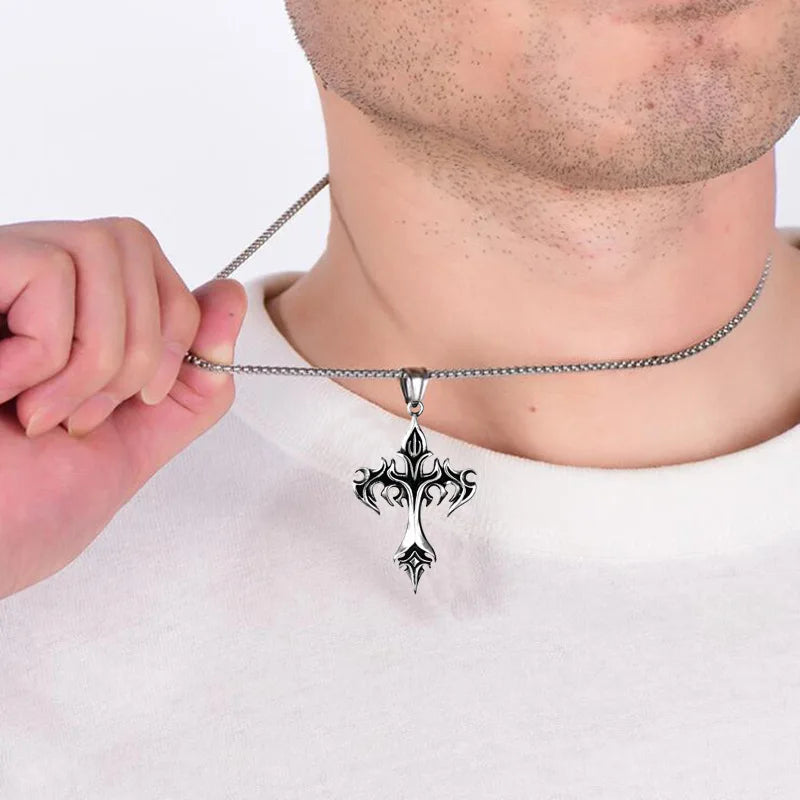 Hip Hop Fashion Jewelry Unique Design Stainless Steel Flame Cross Pendant Necklace Goth Necklaces Gift for Women Men