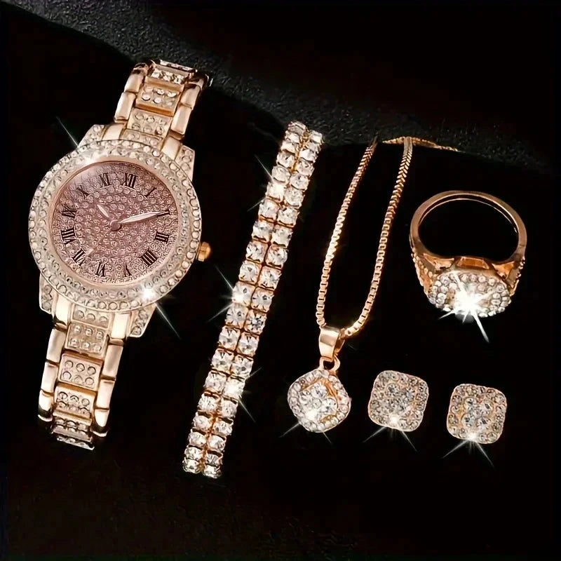 Glamorous 6pcs/set Womens Luxury Rhinestone Quartz Watch with Rome Numerals - Stylish Analog Wrist Jewelry Set, Perfect