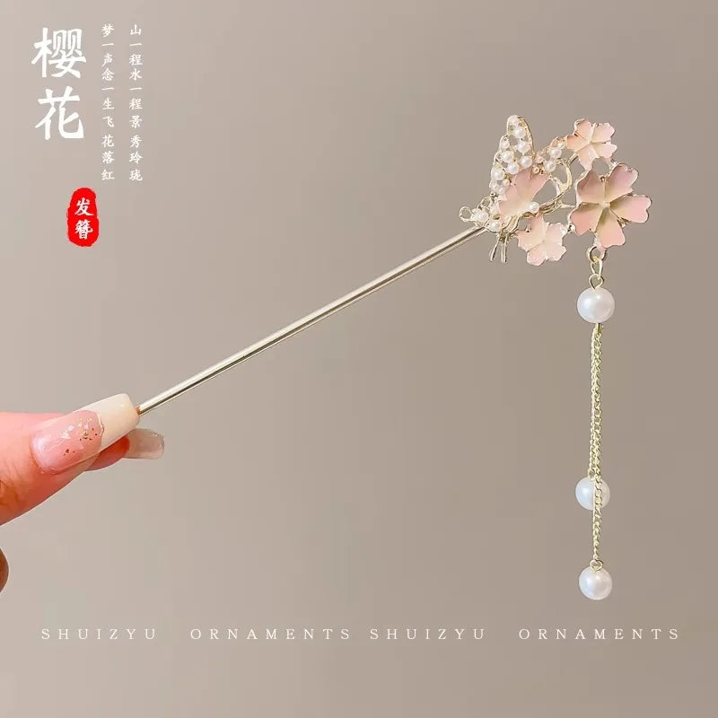 Elegant Chinese Style Hair Accessory Romantic Enameled Flower Tassel Hair Clip Alloy Jewelry Hairpin For Women Fashion Hairpin