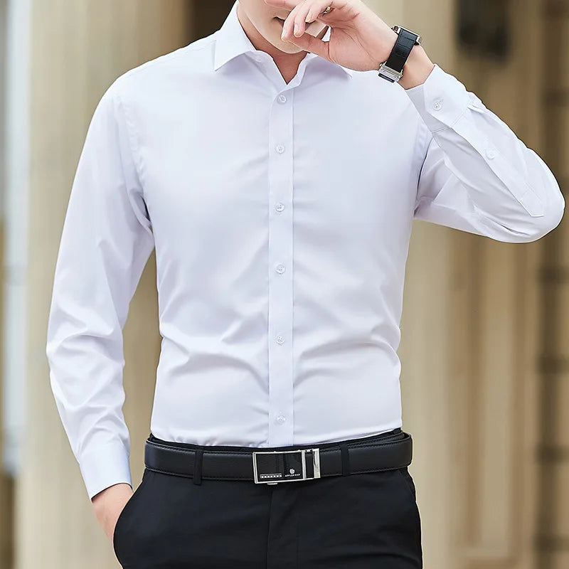 Nueva camisa de negocios de color sólido de talla grande para hombre, camisa de manga larga blanca ajustada informal básica clásica a la moda, ropa de marca