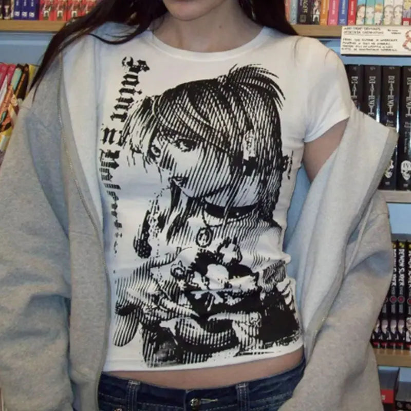 Y2k anime Streetwear-Camiseta con cuello redondo y estampado de texto de los años 90 para mujer, ropa Harajuku, camiseta corta vintage sencilla, camiseta informal estética emo