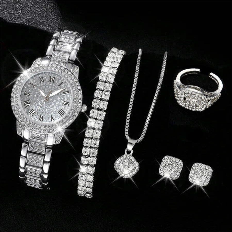 6 piezas de relojes para mujer, de lujo, elegantes, de aleación, de cristal, de pulsera, de cuarzo, de aleación, con diamantes de imitación