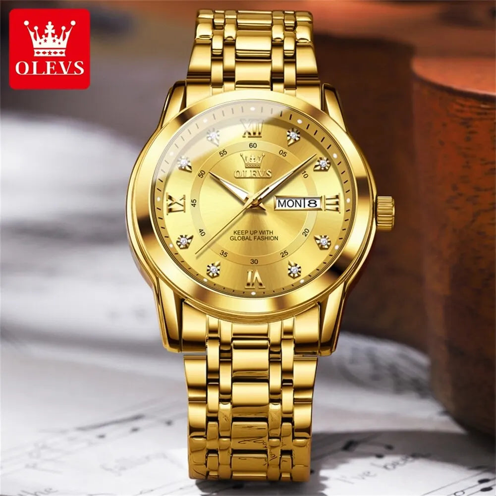 OLEVS Quartz Watch for Men Luxury Diamonds Gold Watch Waterproof Luminous Stainless Steel Business Men's Quartz Watch Mens Watch