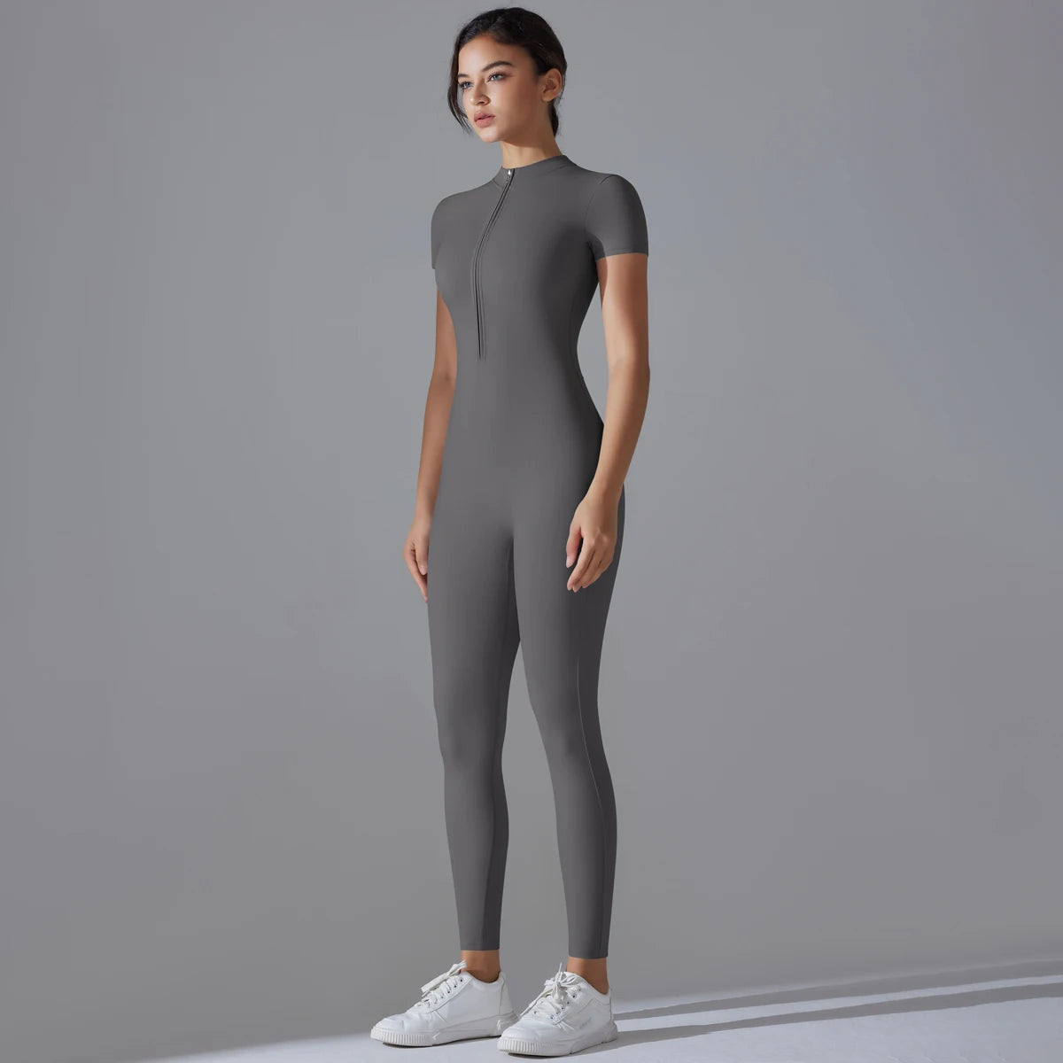 Conjunto de yoga para mujer, mono de una pieza con cremallera, manga corta, ropa de entrenamiento para gimnasio, traje de fitness, chándal deportivo