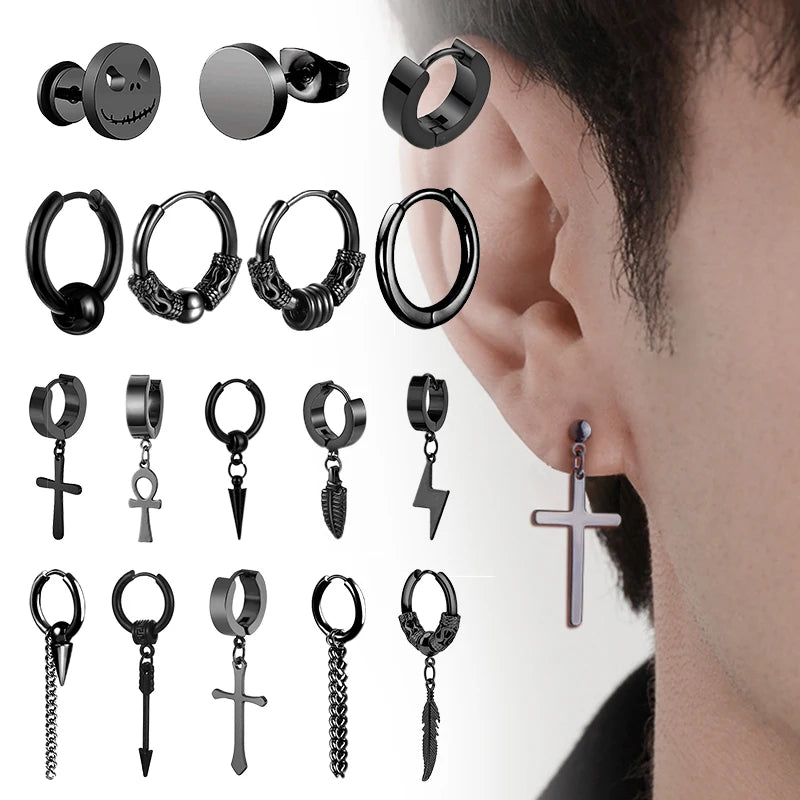 1 par de pendientes de acero inoxidable estilo punk, juego de pendientes negros para hombres y mujeres, piercing estilo hip hop vintage, joyería para las orejas